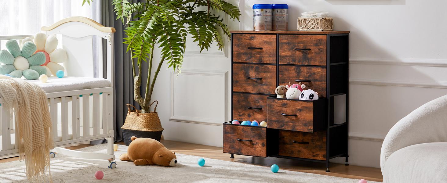 【Deal】Dresser for Bedroom Drawer Dresser Organizer Storage Drawers Fabric Storage Tower, Chest of Drawers with 8 Fabric Bins, Steel Frame, Wooden Top