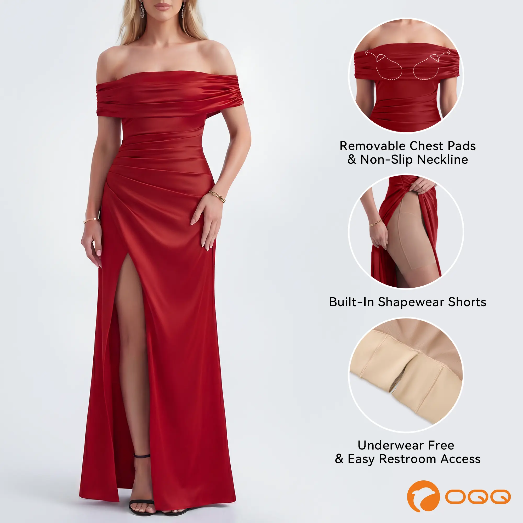 OQQ Formal Wedding Guest Dress in Stretch Satin, Women's Ruched Off-Shoulder Bodycon Gown with High Slit and Built-in Shapewear, Wedding Dresses Guest, Party Fit, Black Tie, Outfit Of The Night, Bodycon Cut, Birthday, Graduation