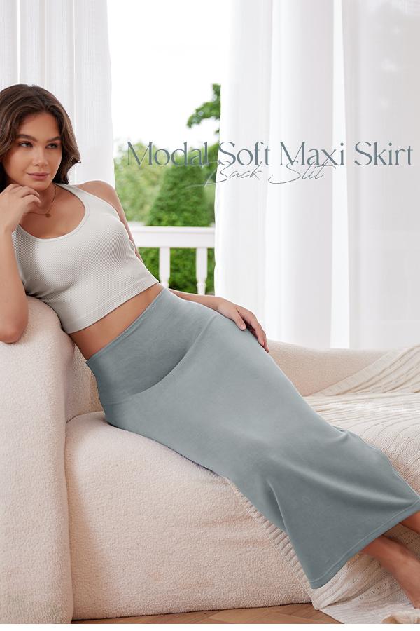 ODODOS Modal Soft Maxi Skirt for Women, Back Slit High Waist Casual Long Pencil Skirts