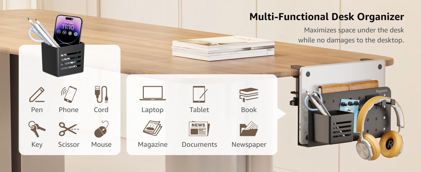 Desk Side Storage Organizer, No Drill Under Desk Laptop Holder, Clamp on Desks Shelf with Pegboard Accessories, Hanging Laptop Mount, Fits Flat Edge 0.4" to 2.2"
