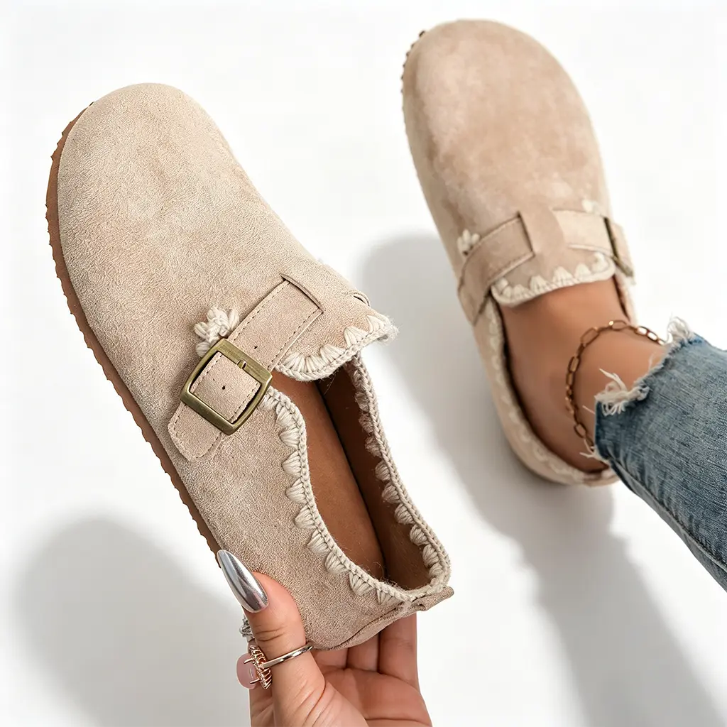 Women's Boho Faux Suede Pull-On Loafers - Lightweight Footwear with Crochet Braid Trim, Round Toe, Adjustable Buckle Strap, Cushioned Fabric, Low Heel, EVA Rubber Sole for Casual Wear