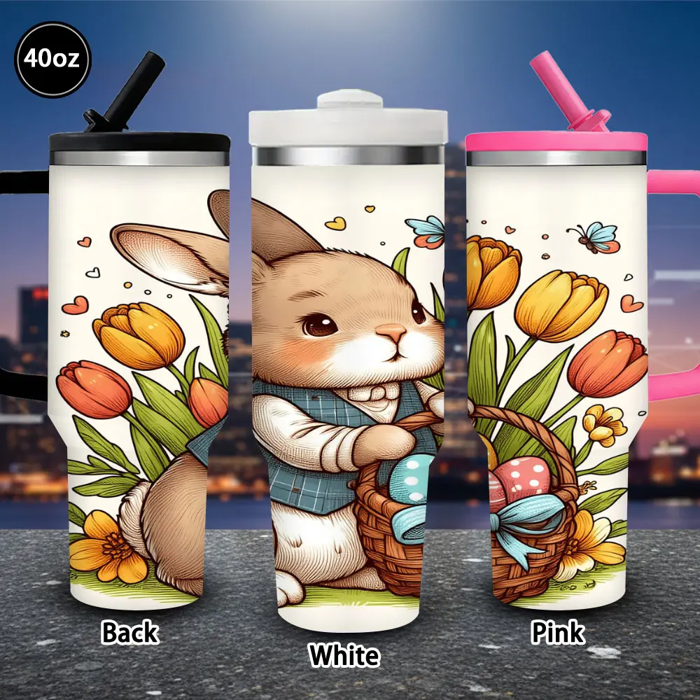 40 oz Cute Bunny Vacuum Flask Tumbler with Easter Eggs, Tulips, Lid, Straw - Spring Art-Style Insulated Travel Mug, Women's Gift - Ideal for Easter, Birthdays - Fits Iced/Hot Coffee (1 Pc), Flasks
