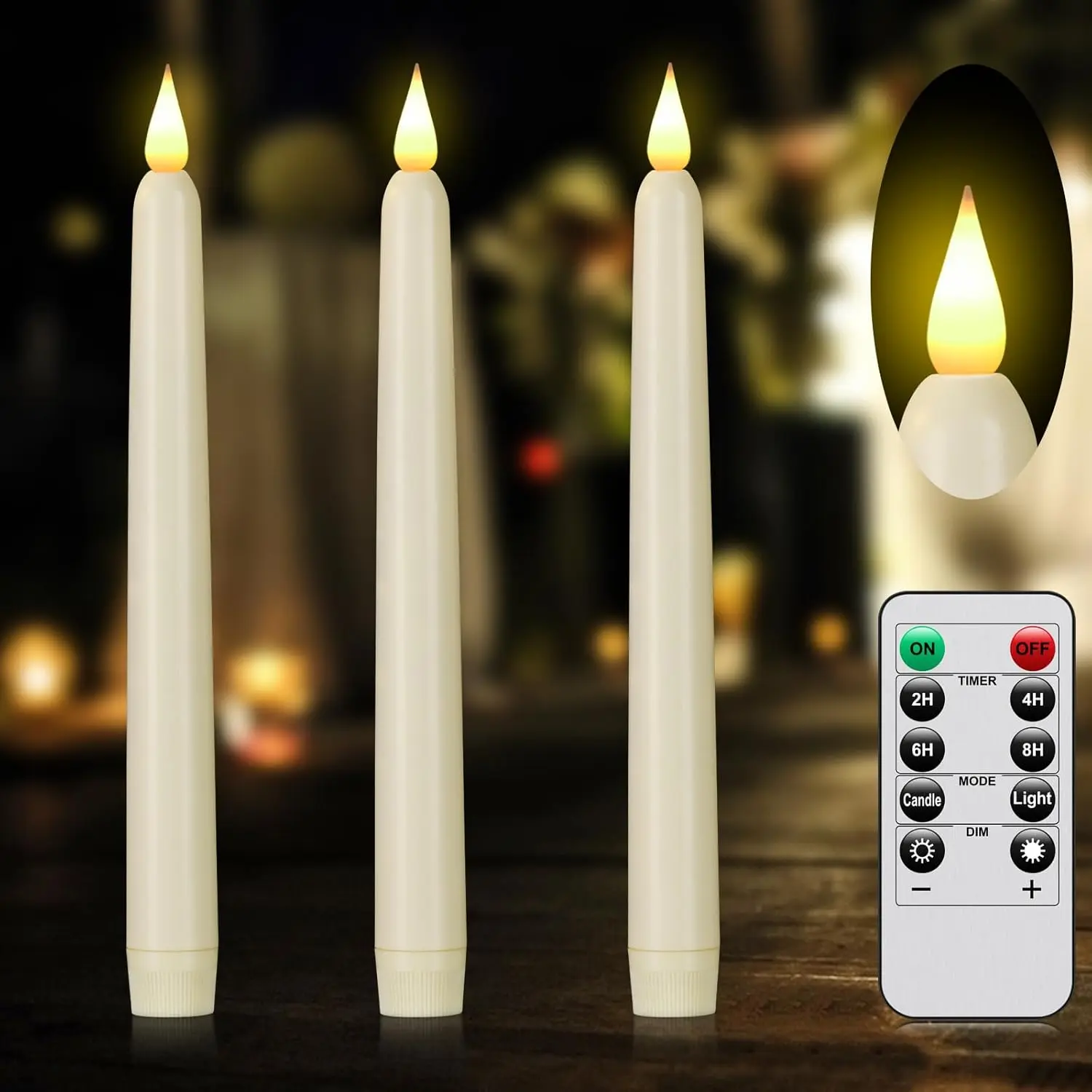 Flameless Taper Candles with Remote Control and Timer,  Operated LED Candlesticks with Flickering 3D Flame, 9.6x0.8 Inches Plastic  Candles for Christmas, Wedding and  Decor (, 3)