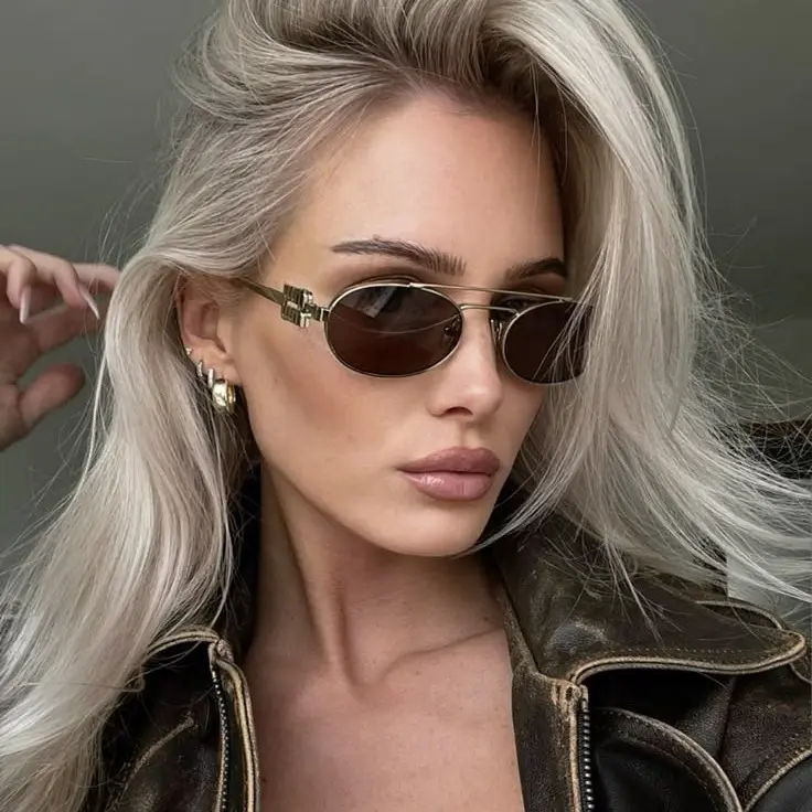 Retro Oval 90s Metal Sunglasses for Women, 2026 Trendy Chic Narrow Gold Sun Glasses Fashion Sunnies