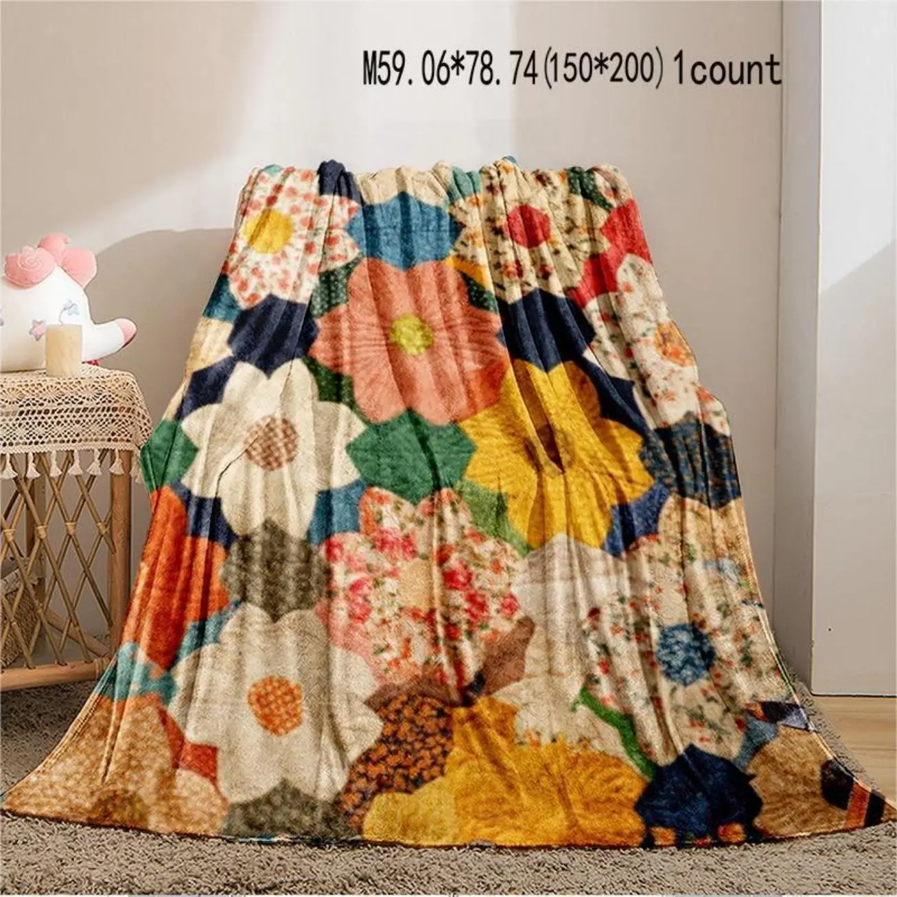 Soft Throw Blanket Floral Patchwork Pattern Lightweight Super Soft Warm Cozy for Home Office Camping Travel Napping Comfortable, Flannel Throw Blankets, Soft Fluffy Blanket