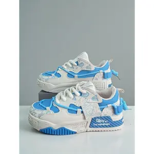 Men's Lace-Up Thick Bottom Color-Block Sports Skate Shoes, Breathable Comfort for Everyday Wear & Outdoor Activities