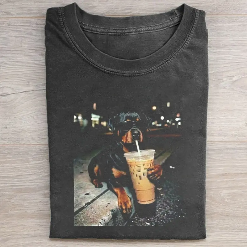 Funny Rottweiler Drinking Iced Coffee Comfort Colors T-shirt, Vintage 90s Edgy Dog Meme Tee, Unisex Fit Design, Casual Streetwear, Gift for Dog Lovers