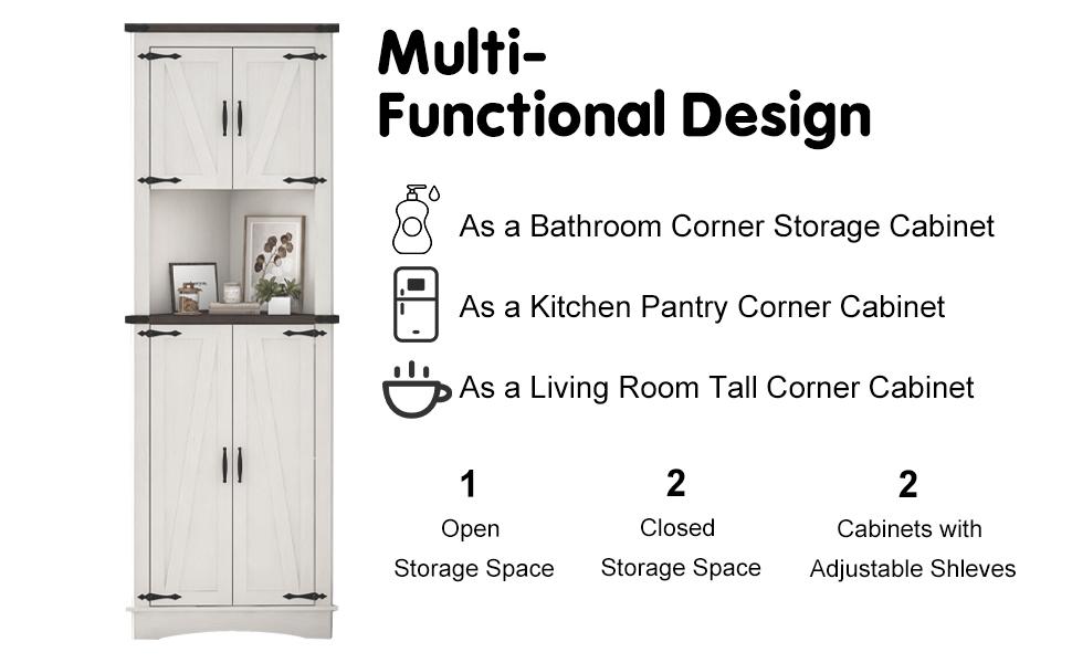 Farmhouse Corner Cabinet - 5-Tier Tall Storage Cabinet with 4 Barn Doors, Adjustable Shelves, Bathroom & Kitchen Storage for Living Room