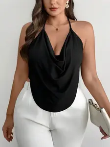 Hillary Plus Size Comfortable Elegant Delicate Draped Neck Black Halter Top For Women