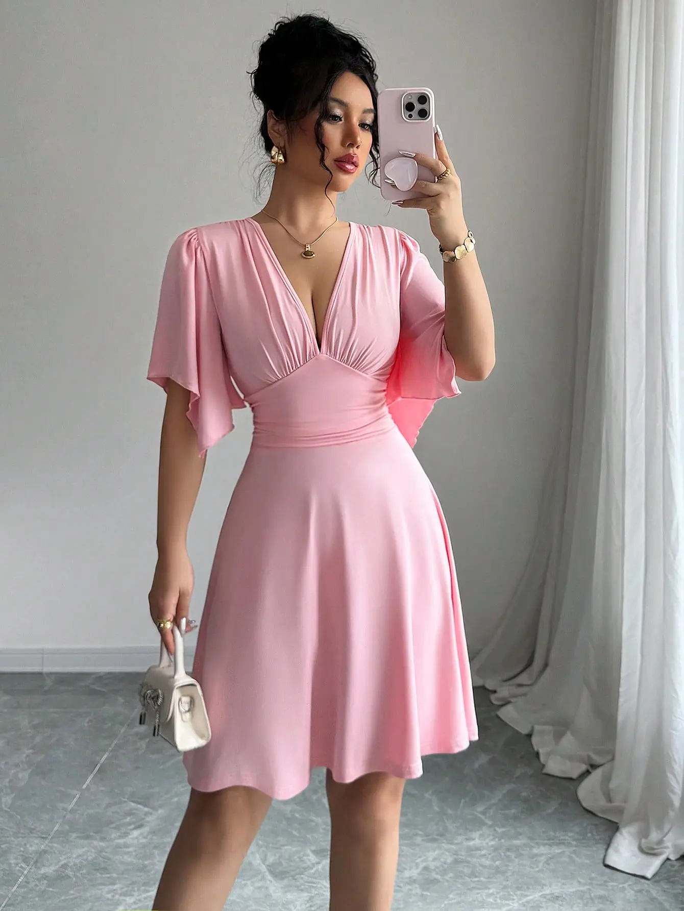 Women’s V-Neck Ruched Bust Mini Dress – Flare Sleeve Waist Cinched Elegant Dress, Slimming Flattering Party Vacation Outfit