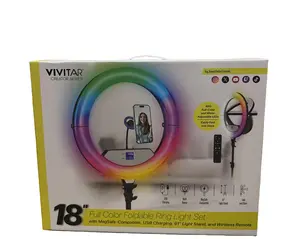 Vivitar Creator Series 18" RGB Foldable Ring Light with Stand, MagSafe-Compatible Phone Mount, Dual USB Charging, Wireless Remote, Adjustable Tripod for Live Vlogging, Makeup, & Live Streaming