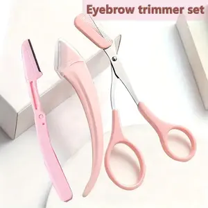3-in-1 Painless Eyebrow Trimmer Set! ️ Safe Blades, Non-Slip Grip & Comb Included. Achieve Perfect Salon-Shape Brows at Home Easily. Pink Beauty Tool Set.