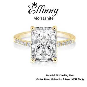 Effinny D Color VVS1 3.5 Carat Excellent Radiant Cut Golden Plated Engagement Ring, Synthetic Moissanite 925 Sterling Silver Promise Ring for Daily, Wedding, Party