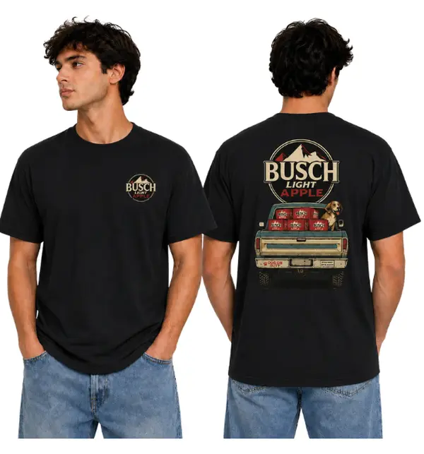 Busch Light Apple T-Shirt, Busch Light Truck Bed Dog Graphic Tee, Vintage Retro Beer Lover Shirt, Red White Blue Mountain Design, Funny Summer Drinking Party Tee, Cool Oversized Black Tee for Men Women, Perfect Gift for Him Her