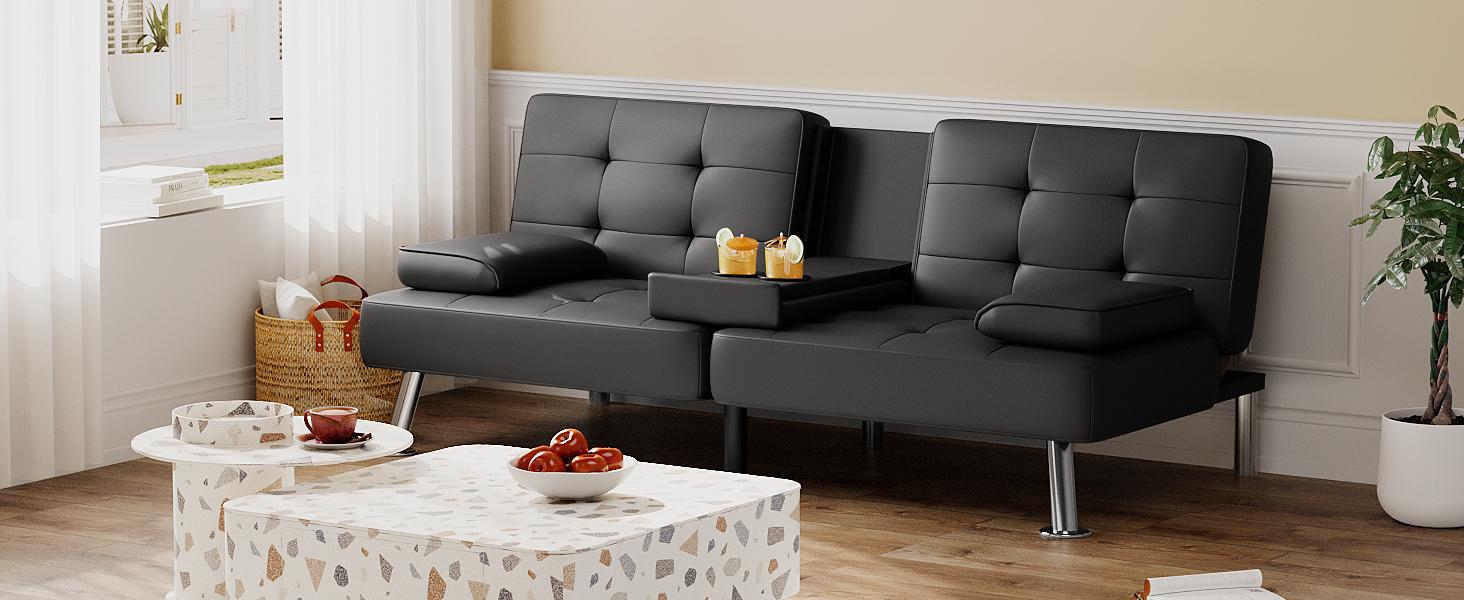 Futon Sofa Bed, Leather Futon Couch with Removable Armrests, Adjustable Recliner Sleeper Sofa Bed with Dual Cup Holders for Living Room, Apartment, Office (Black)