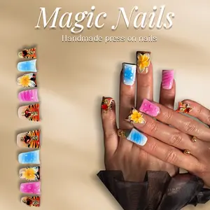 Magic Nails -SUMMER IN HAWAII -Handmade Press-On Nails ,Duck Nail Shape | Reusable,Acrylic Made,Salon-Quality,Long lasting ,Glossy Design