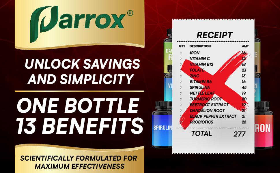 PARROX Iron Supplement - 13 in 1 Women's Menstrual Cycle Support with Iron, Probiotics, Vitamin B6 + B12 & More - 60 Capsules - Made in USA
