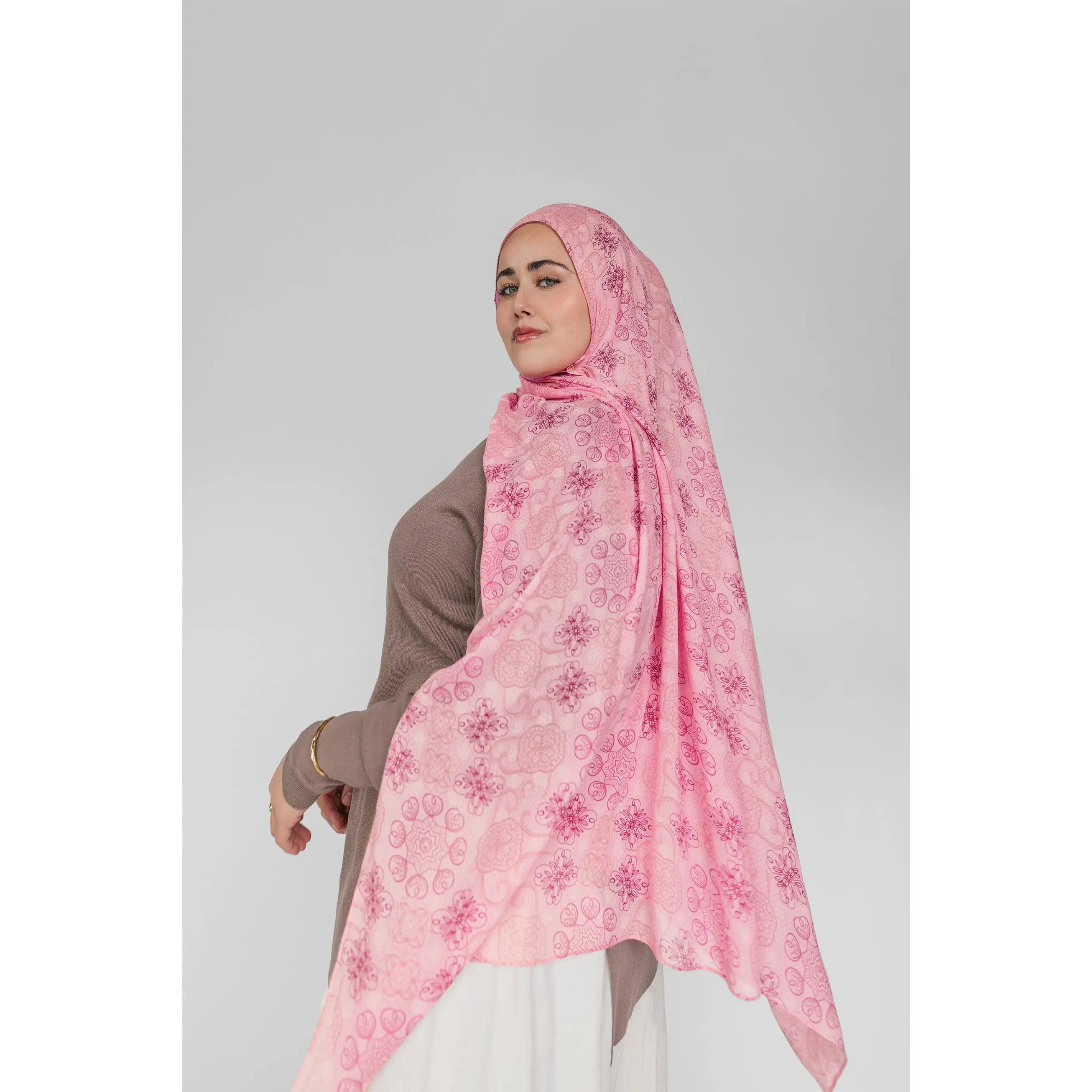 VELA Mosaic Lace Print Modal Square Hijab - Soft Woven Pink Scarf Hijab with Geometric Pattern for Ramadan, Special Occasions