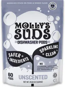 Molly's Suds Dishwasher Pods | Clean Dishwasher Detergent, Cuts Grease & Rinses Clean (Residue-Free) for Sparkling Dishes | 60 Auto-Release Tabs (Unscented