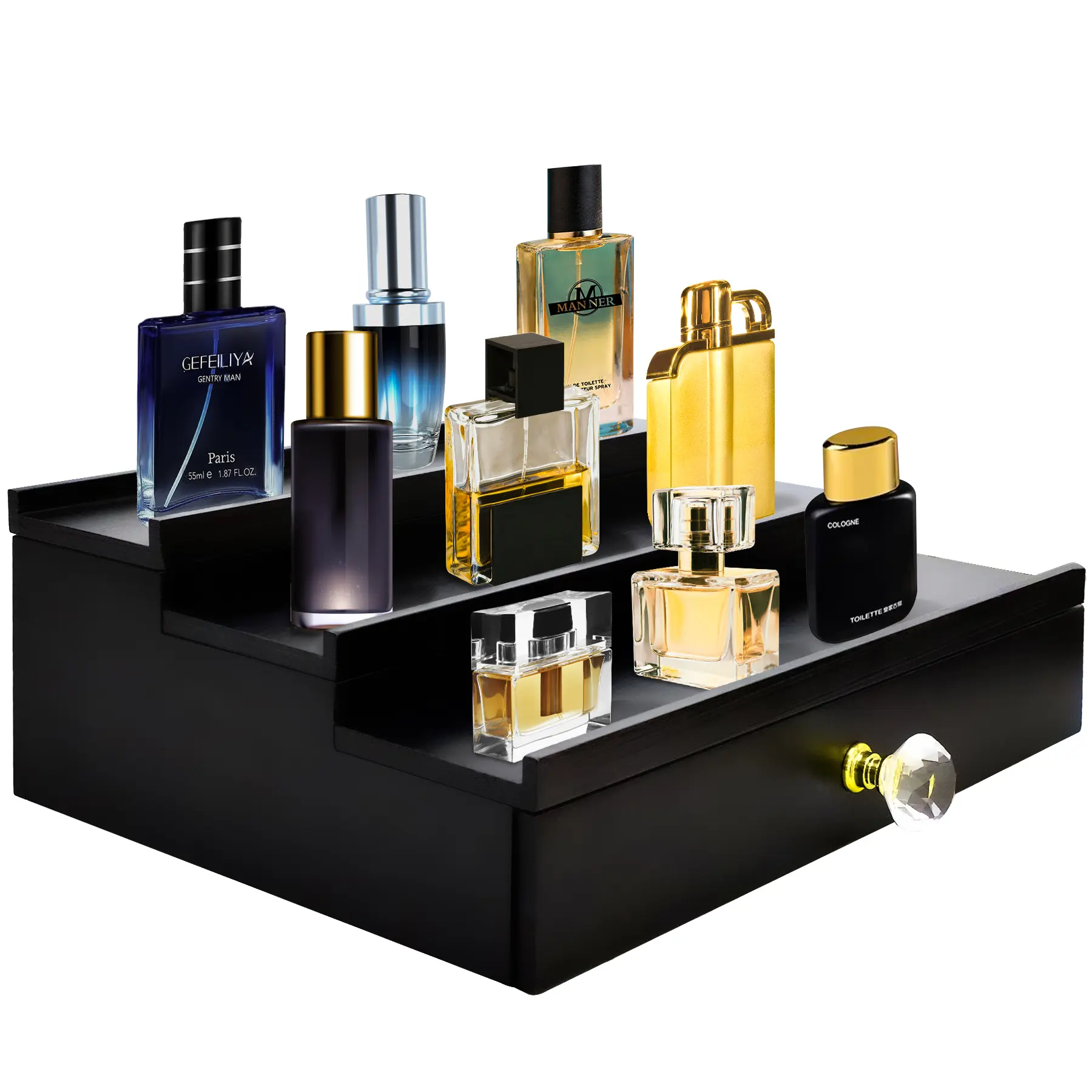 Cologne Organizer for Men, 3 Tier Cologne Stand Organizer for Men, Wood Perfume Organizer with Felt Lining Drawer and Hidden Compartment, Great Gift for Men(Black) Racks Wooden