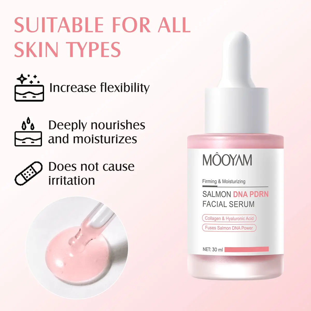 Mooyam Salmon DNA Pink Peptide & PDRN Anti-Aging Facial Serum - 5-Peptide Complex, Korean Waterless Skincare Formula, 30ml, for Firming, Moisturizing, Brightening Tone, Improving Texture, Serums，waterless  skin  care, Anti-Aging Peptides Serums & Essences