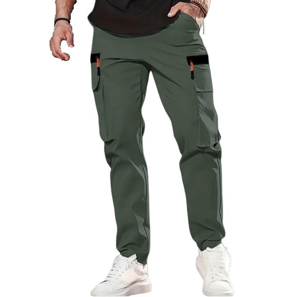 Single piece men's casual solid color sports pants with multiple pockets, lightweight and soft polyester fiber