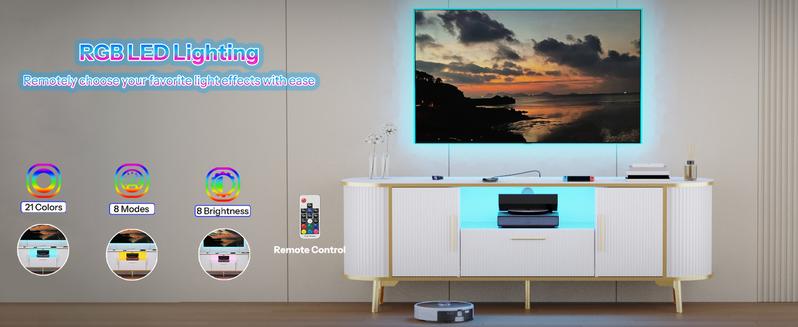 HOOBRO 70 Inch LED TV Stand Artistic Wave-groove Design, White TV Stand with Storage Drawers for Living Room, Modern LED TV Stand, White and Gold