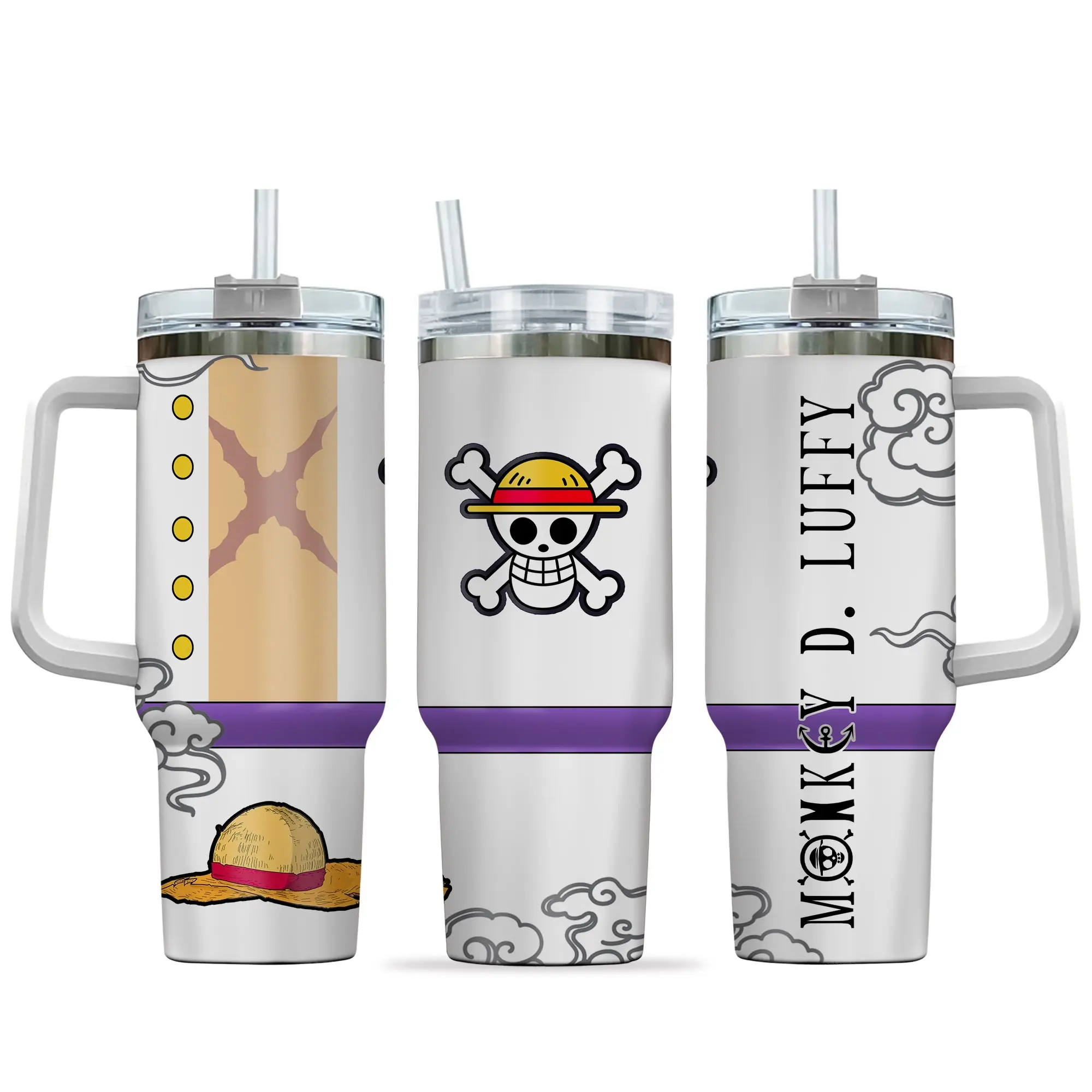 Luffi King Of Pirates 40oz Tumbler with Handle and Straw, Stainless Steel Vacuum Insulated Cup, OP Jolly Roger Skull Design, Anime Merch, Anime Tumbler