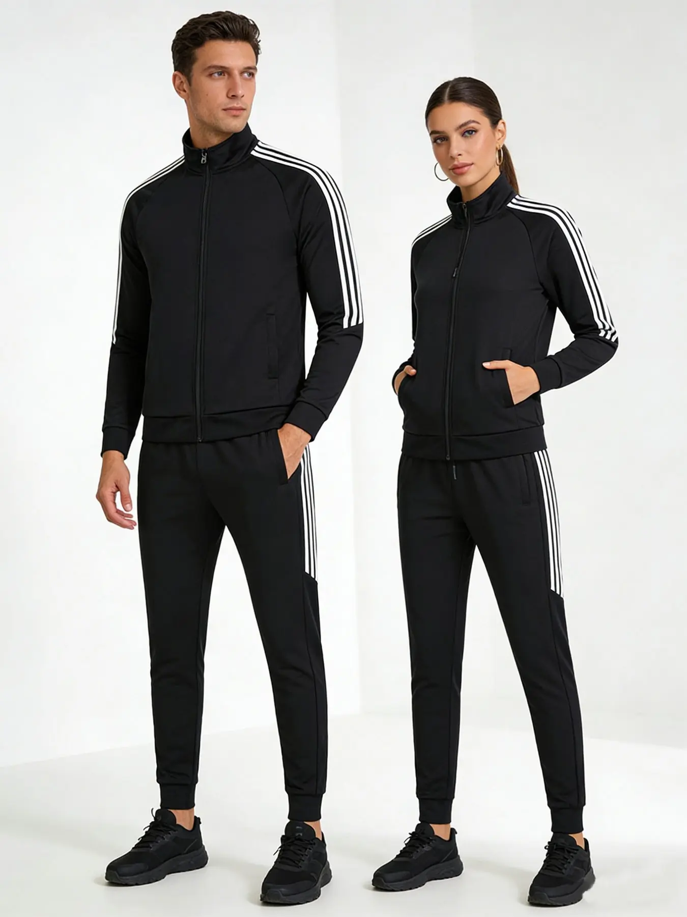 High-Quality Spring/Fall Unisex Sporty Striped Jacket and Drawstring Pants Set, Fitness Sportswear Set, Sports Outfits, Workout Running Outfits, Windproof Stand Collar, Ideal for Couples' Fitness, Running and Cycling