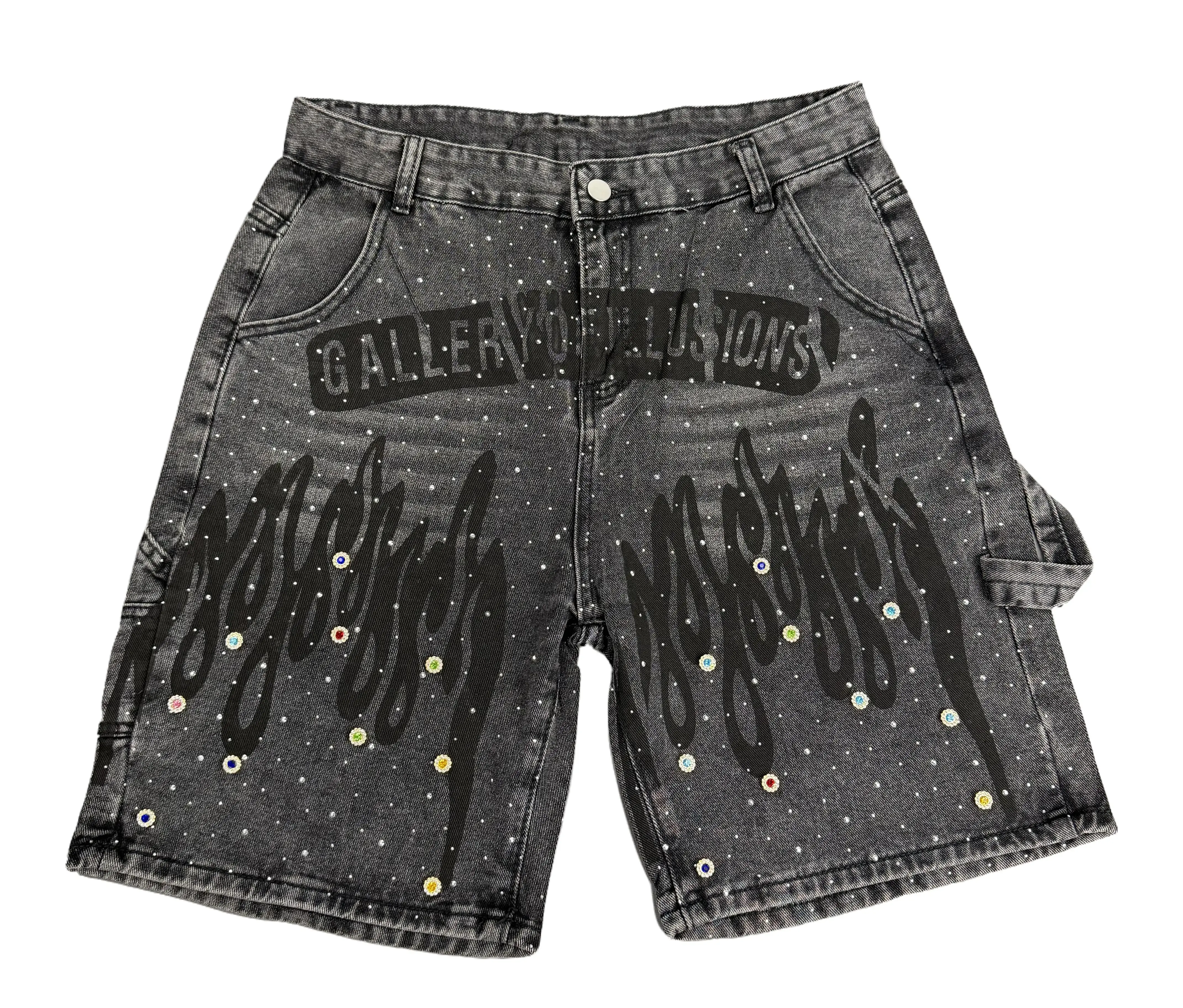 Women's Baggy Denim Shorts - High Waist Loose Fit Vintage Wash Shorts with Rhinestone Bedazzled Flame Print & Colorful Gem Details, Streetwear Casual Summer Outfit