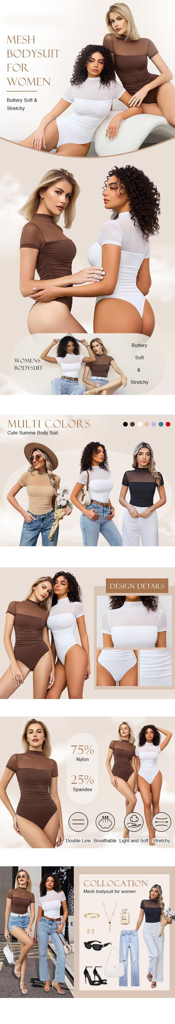 Women's Short Sleeve Mock Neck Mesh Bodysuit One Piece Sheer Leotard Night Out Party Tops