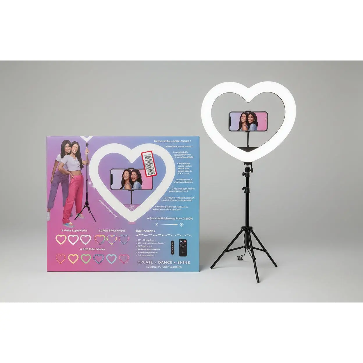 Dixie & Charli 13" Heart-Shaped Color LED Ring Light with 62" Adjustable Compact Smartphone Holder, Remote Control & Mobile Phone Accessories