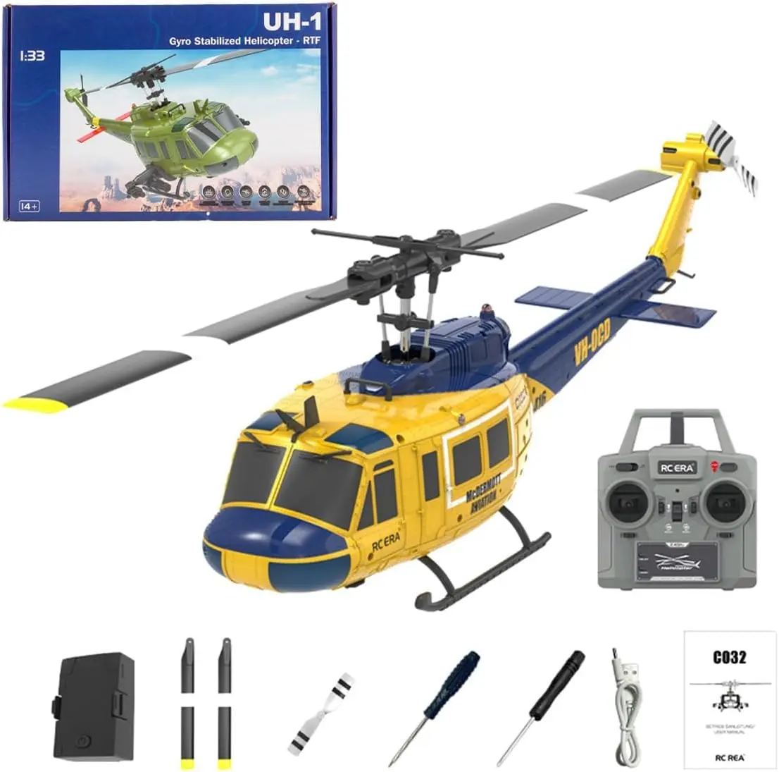 RC ERA C032 UH-1 Huey Remote Control Helicopter - 1/48 Scale 2.4G 6CH Gyro Stabilized Electric Toy, 7.4V Brushless Motor, 3D Stunts, Adjustable Speed, Dual Servo Rate Switching, Altitude Hold, Optical Flow, for Adults, Gift for Airplane Enthusiasts, Colle