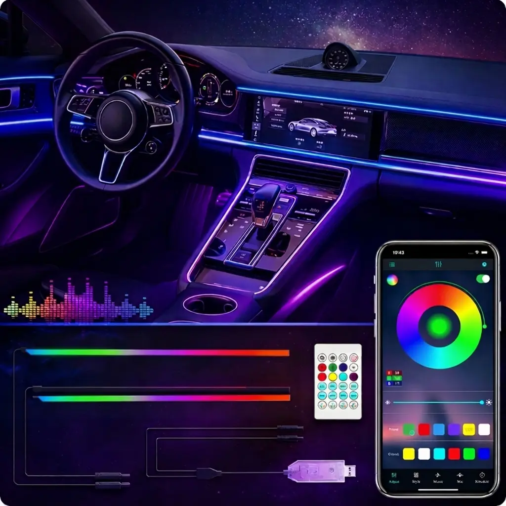 Smart USB Powered Car LED Interior Lights, RGB Car Ambient Lighting with App Control & Music Sync, DIY Mode, 2‑in‑1 110cm+110cm Multi‑Color Decor Strip Lights for Cars Trucks, Gift for Men Women