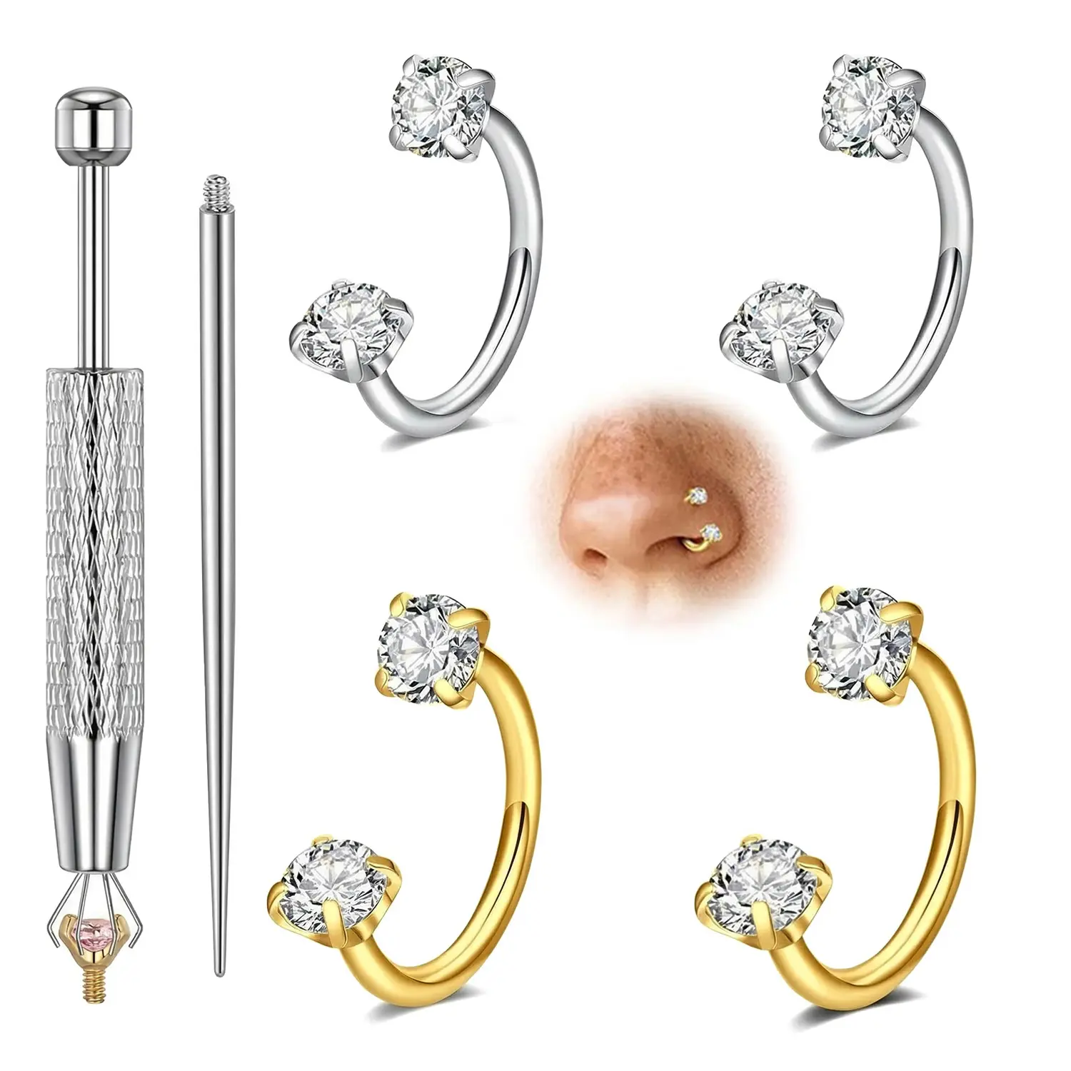 4PCS 18G Hypoallergenic Surgical Steel Internally Threaded Horseshoe Body Jewelry Sets - Gemstone Hoops with Ball Holders, Guiding Needles for Septum, Nose Piercings, Nose Rings Studs