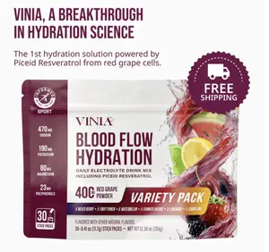 VINIA Blood Flow Hydration Sticks | Naturally Sourced Electrolytes + 470mg Sea Salt Sodium, 80mg Marine Magnesium & 400mg Red Grape Polyphenols (Resveratrol) | Energy & Circulation Support