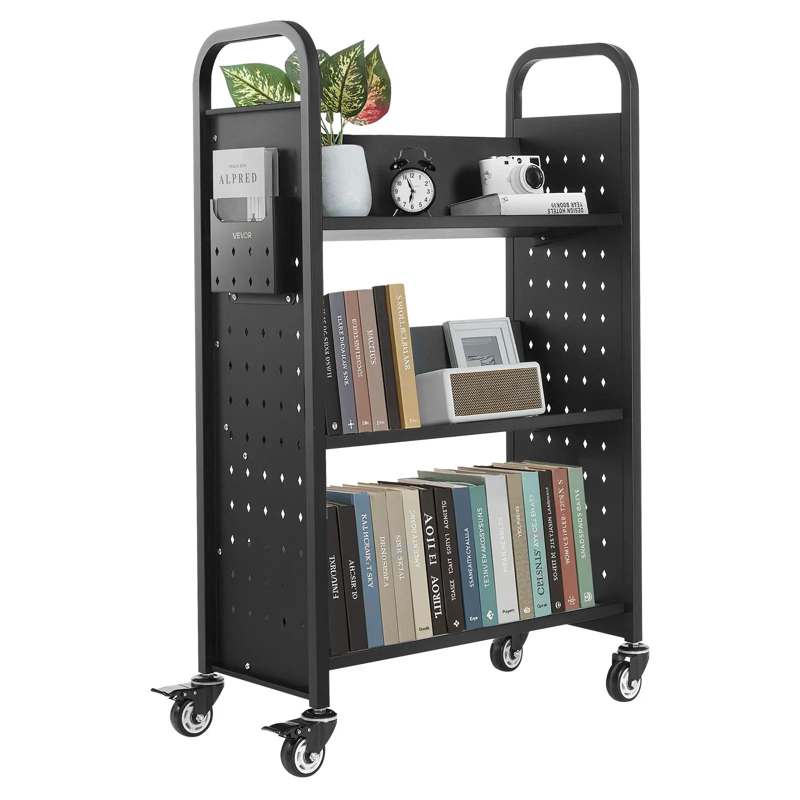 【SummerFinds】VEVOR Rolling Library Book Cart, 330 lbs Capacity, 30.3 x 15 x 48.0-Inch Library Cart, Single Sided V-Shaped Shelves with 3-Inch Lockable Wheels, Book Truck for Home Shelves Office and School, Black