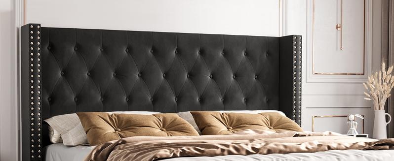 AMERLIFE Bed Frame with Wingback Headboard, Upholstered Velvet Bed with Tufted Diamond Button/No Box Spring Needed/Easy Assembly/Christmas Gift
