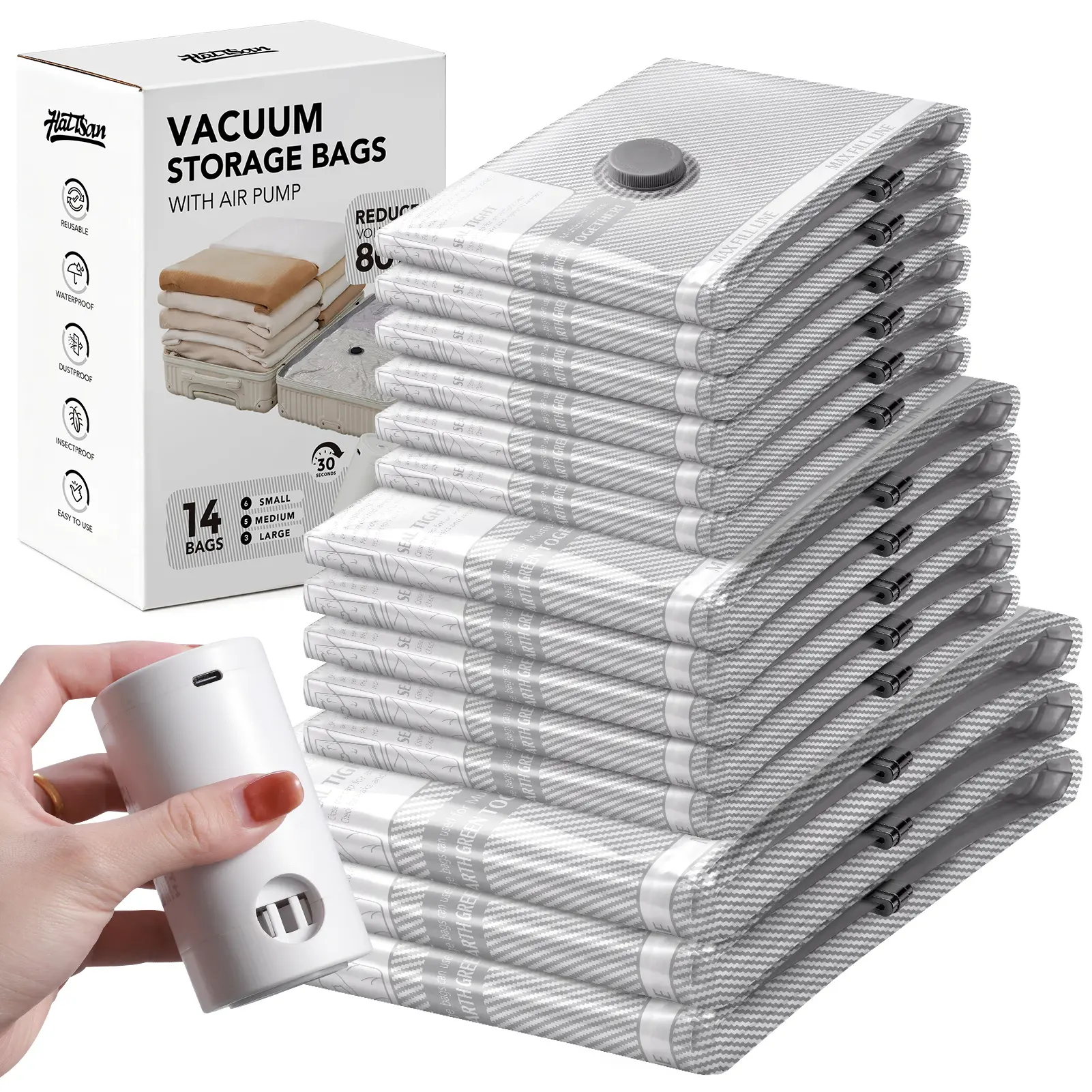Compression Vacuum Seal Airtight Storage Bags with Rechargeable Electric Pump - Industrial Home Organizer for Apartment Living, 80% Space Saving for Clothes, Closet & Moving (Stripes Design)