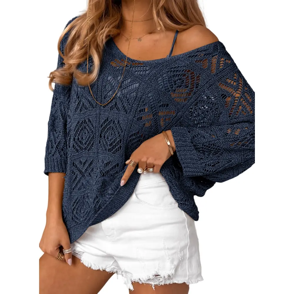 Dokotoo Women's 2026 Spring Summer Crochet Hollow Out 3/4 Sleeve Pullover Sweater Off Shoulder T-Shirts