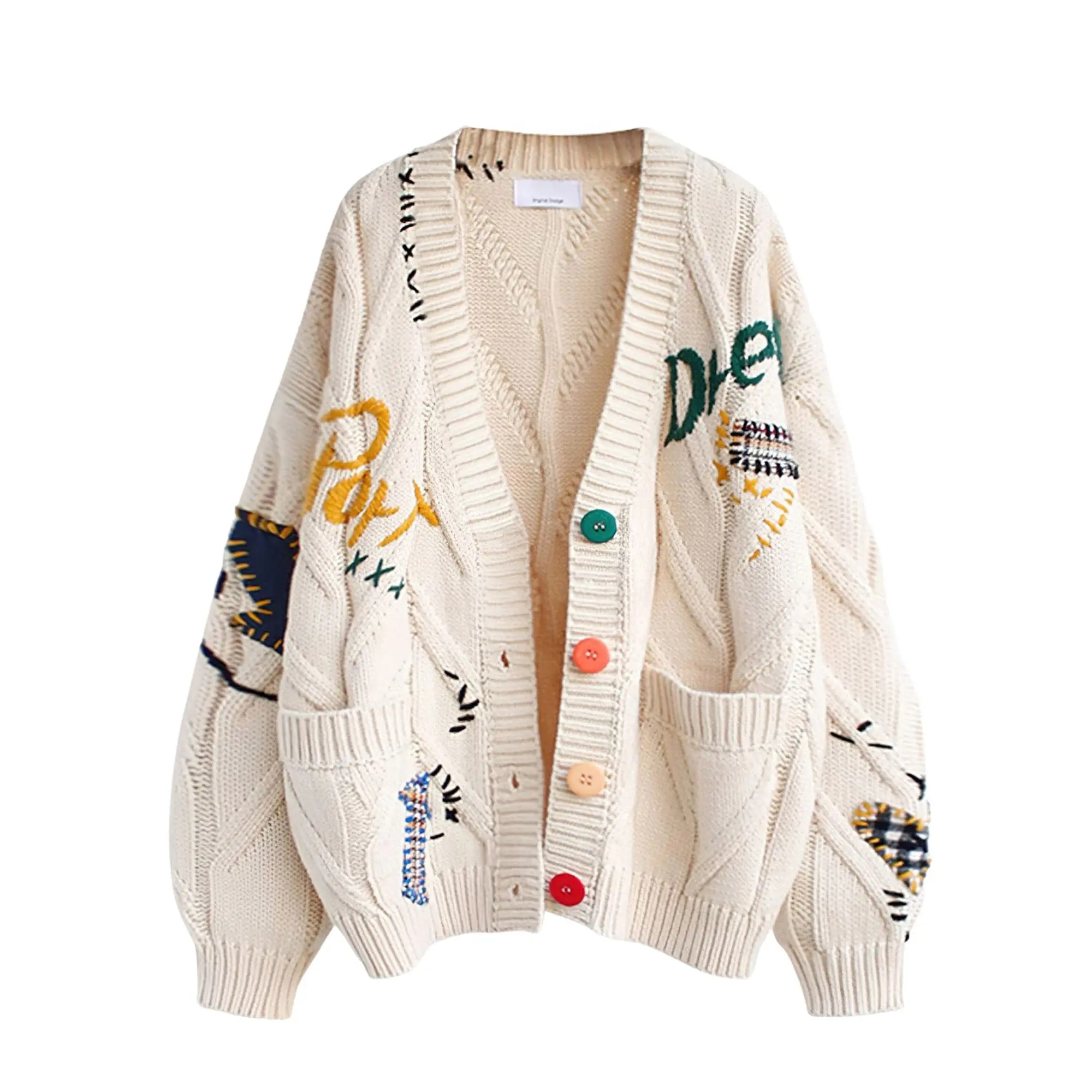 Ebossy Women's Fitted Cable Knit Long Sleeve Open Front Cardigan - V-Neck Button-Down with Embroidery Wool Blend Sweater Coat for Casual Wear Womenswear Knitwear Outerwear Tops,clothes for back to school,first day of school outfits