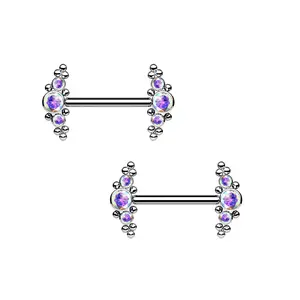 Internally Threaded Triple CZ Crystal and Ball Clusters Nipple Barbells - G23 Implant Grade Titanium - Pair