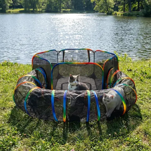 LUCKITTY Enclosed Rainbow Stripes Outdoor Cat Enclosure Set - Backpack-Portable Tent, Circular Tunnel, Mesh-Oxford Material, Fresh Airflow, Easy to Clean, Storage Bag, Ideal for Travel, Balcony, Backyard Use with Kittens
