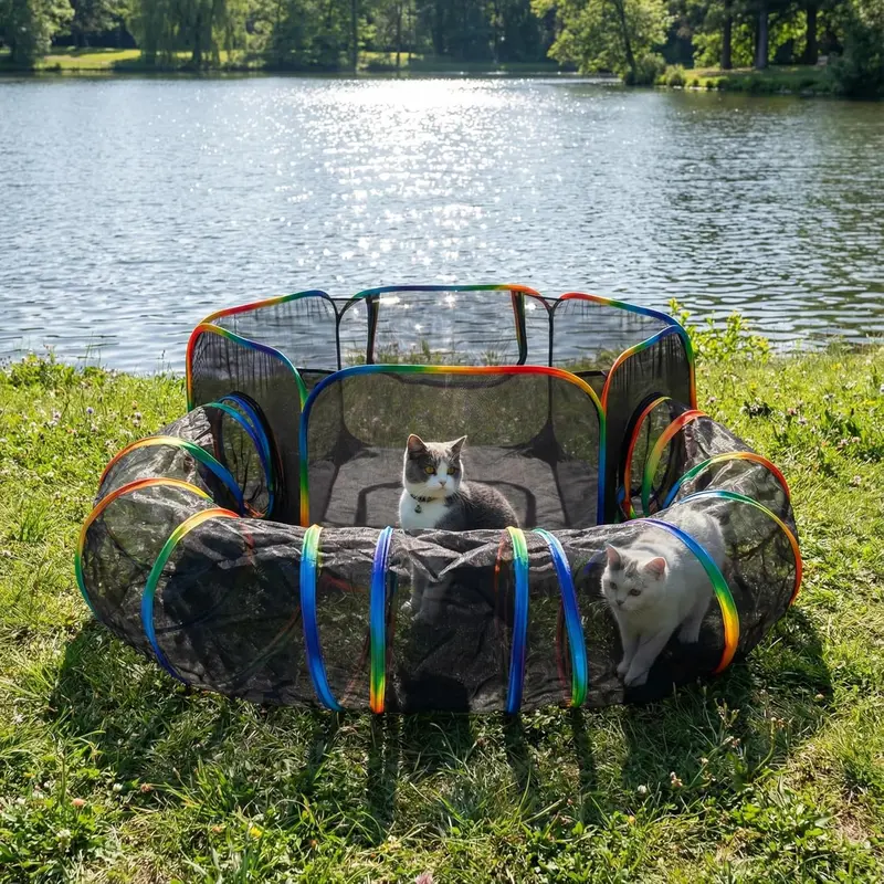 LUCKITTY Enclosed Rainbow Stripes Outdoor Cat Enclosure Set - Backpack-Portable Tent, Circular Tunnel, Mesh-Oxford Material, Fresh Airflow, Easy to Clean, Storage Bag, Ideal for Travel, Balcony, Backyard Use with Kittens