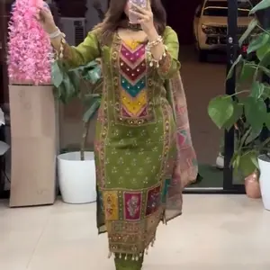 Organic 3 Piece Large & Medium Size Dress with Vibrant Embroidery and Eye-catching Beaded Accents