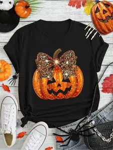 100% Cotton Pumpkin Leopard Coquette Bow Girly Women Girls Halloween T-Shirt Print Round Neck Short Sleeve Streetwear Fashion Breathable Homme Soft Unisex Designer Clothes For Women Casual Clothes