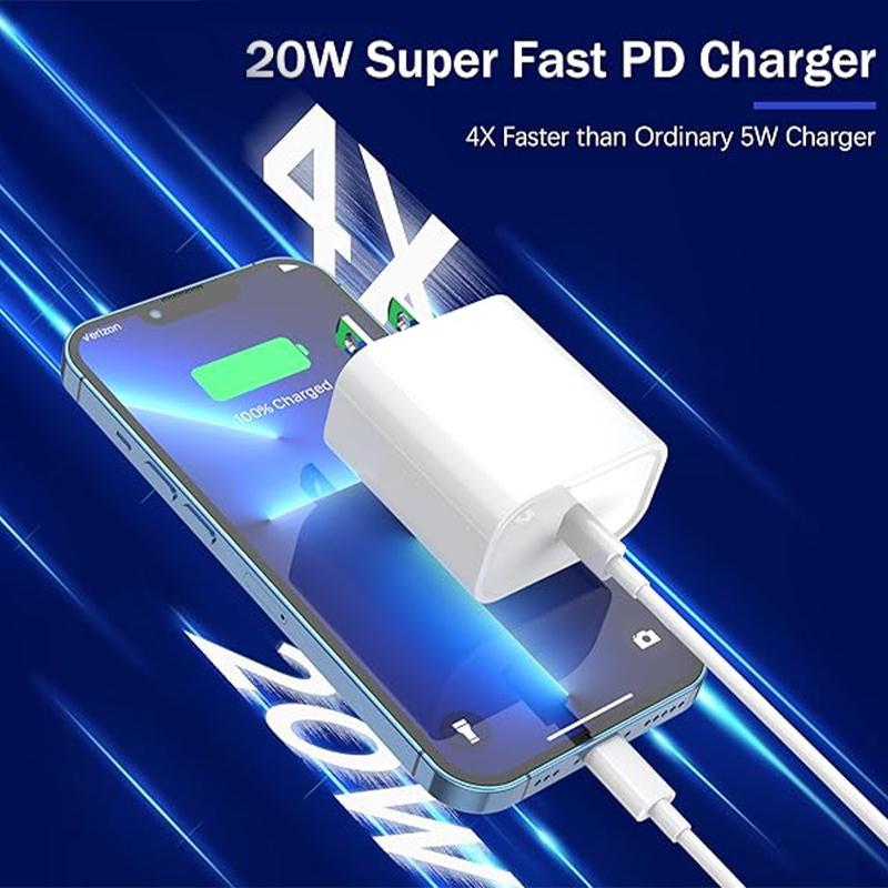 2-Pack 20W Super Fast Charging USB-C Wall Charger Block with 2-Pack 10FT/6FT USB-C to Lightning Cable for iPhone 17/16/15/14/13/12/11 Pro Max，and so on