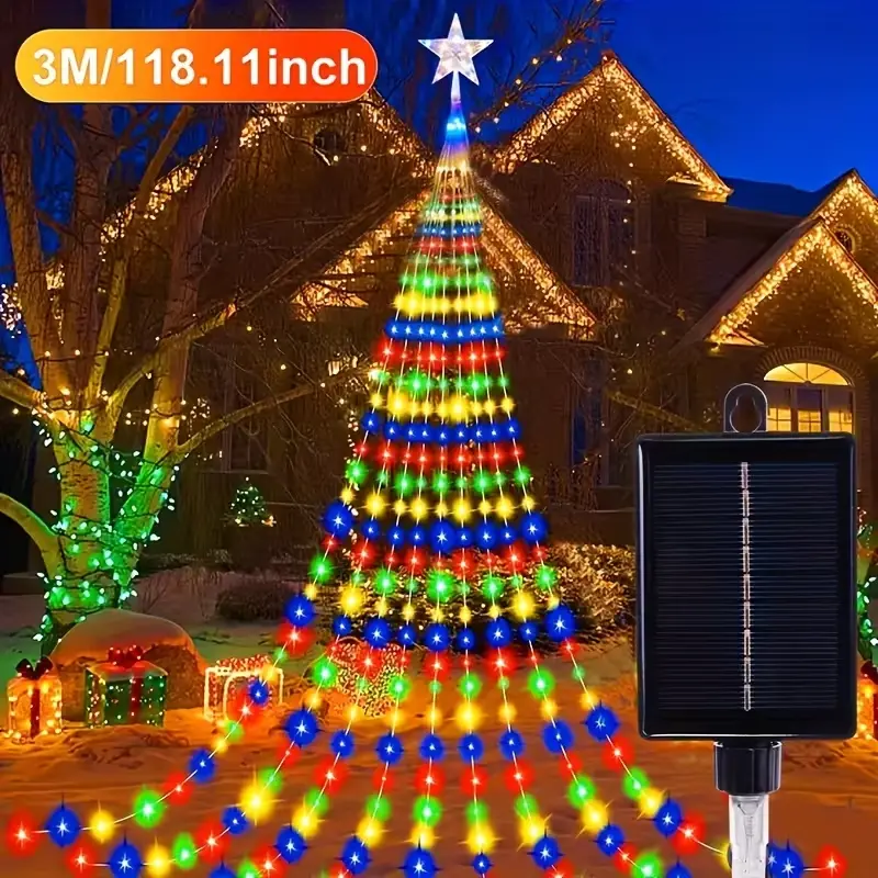 10FT Solar RGB LED Christmas Tree Lights with Star Topper, Waterproof Outdoor Colorful Glowing Light-Up Artificial Tree Christmas Decor for Lawn Garden, Colorful Led Christmas Decor