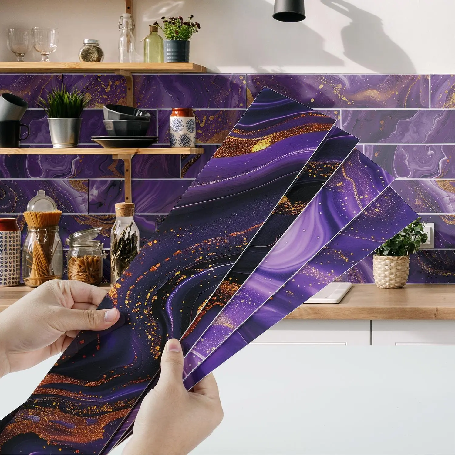 Purple Marble Pattern Wall Sticker, Self-adhesive Removable Wallpaper, Waterproof & Moisture-proof Wall Decal for Home Kitchen & Bathroom Decoration