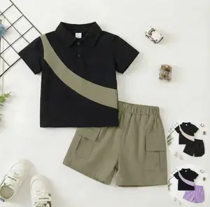 Ready Stock Toddler Boys' Casual Summer Outfit Short Sleeve Color Block Polo & Elastic Waist Cargo Shorts